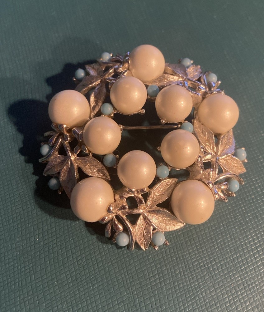 Vintage 1961 Sarah Coventry Alaskan Summer Brooch Silver Pearl Turquoise