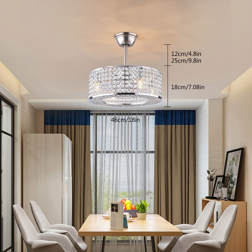 18 Inch Crystal LED Bladeless Ceiling Fan Chandelier with Remote Flush Mount Light