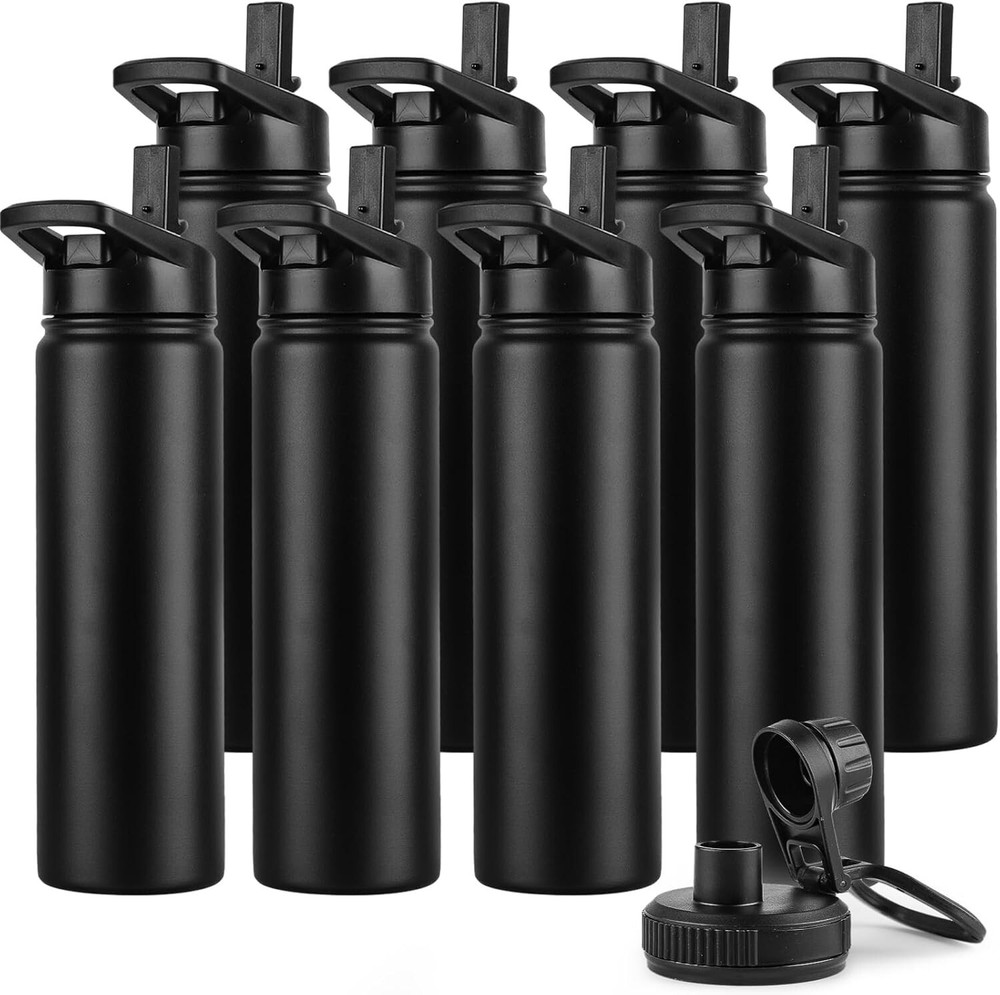 22 oz Black Vacuum Insulated Leakproof Sports Bottles - 8 Pack