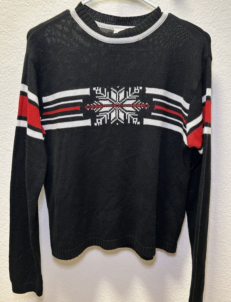 Columbia Christmas Knit Sweater Large Retro Black Red Stripe Snowflake Ski VTG