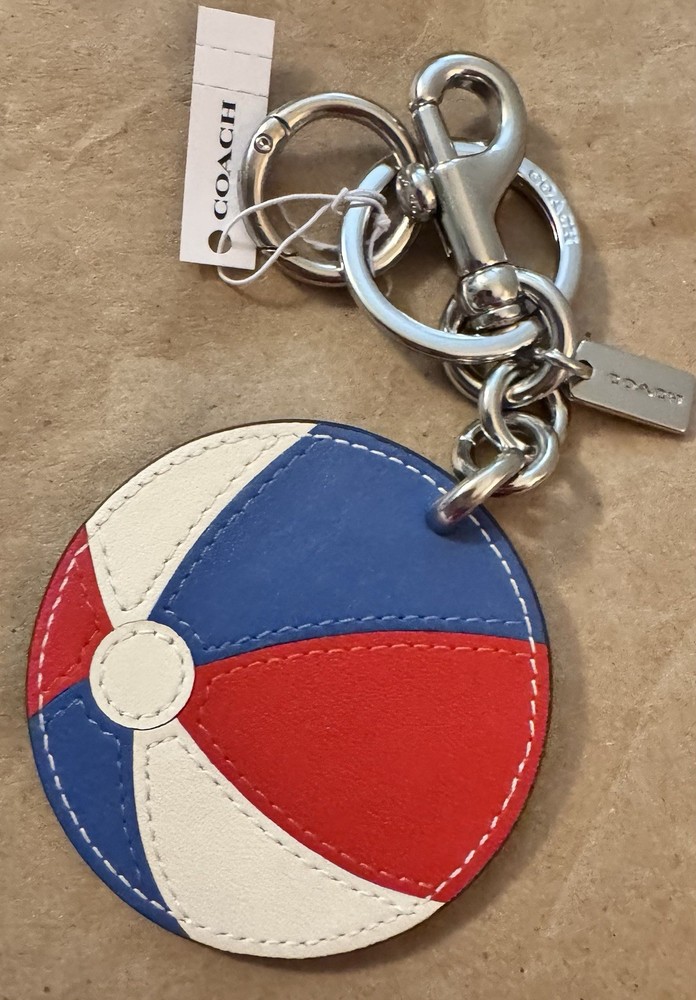 COACH Smooth Leather Beach Ball Keychain in Red White Blue NWT