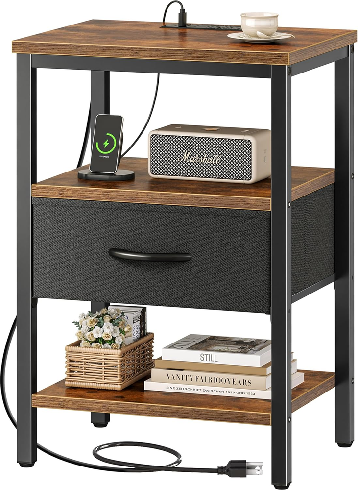 Modern Nightstand with USB Charging Station & Adjustable Fabric Drawer
