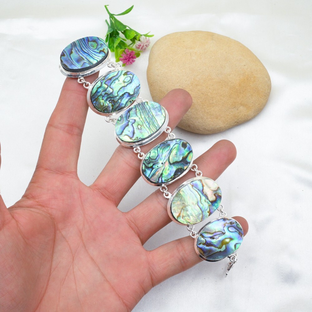 Abalone Shell Gemstone Bracelet in 925 Sterling Silver Handmade Jewelry Gift