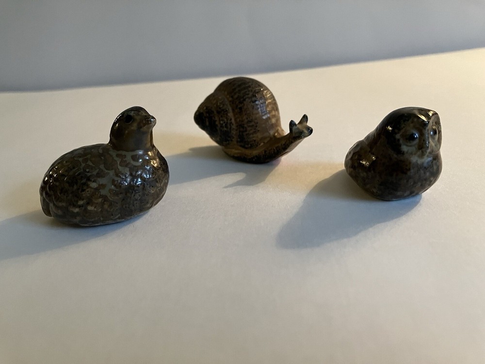 3 Vintage Otagiri Japan Ceramic Snail Owl Quail Miniature Figurines Stoneware