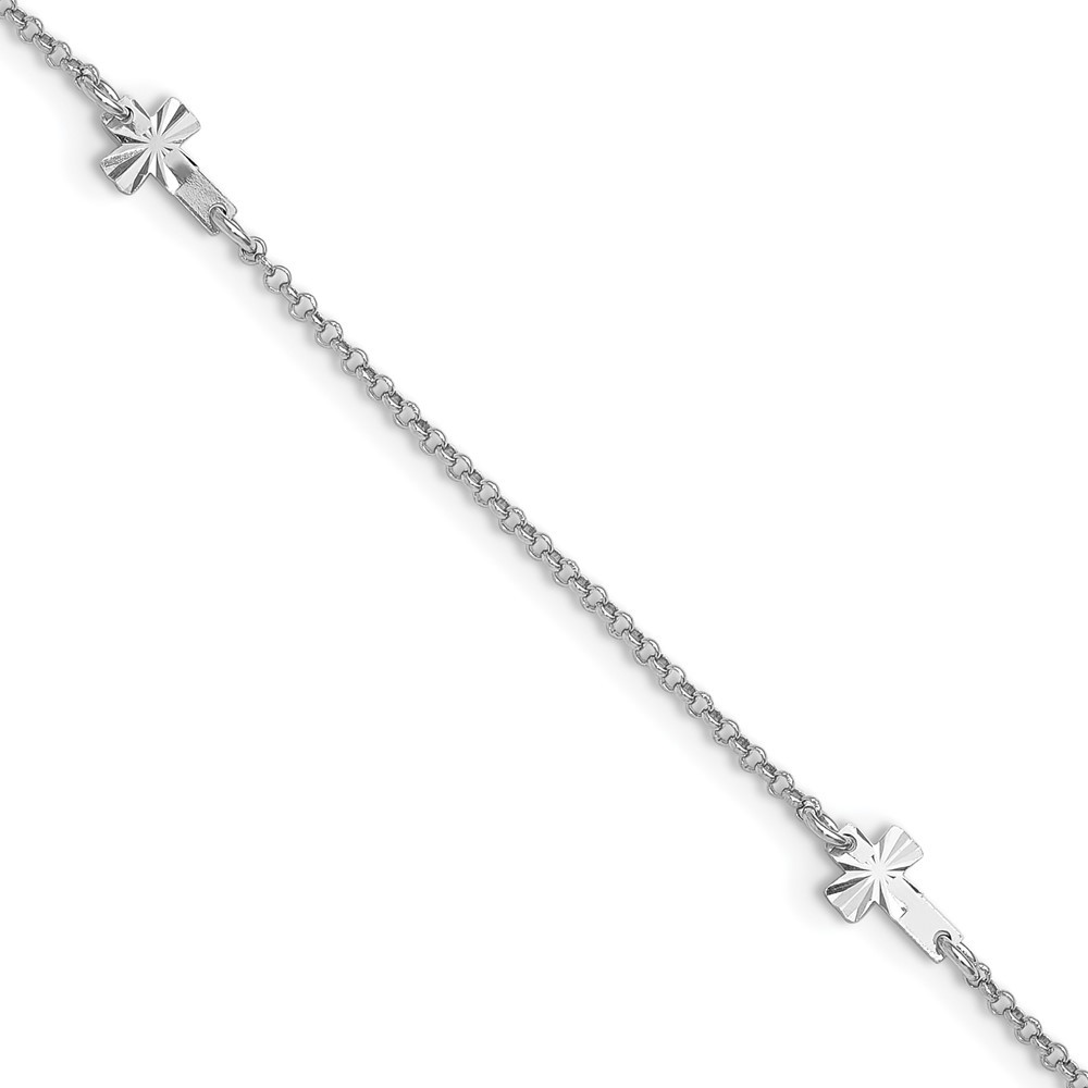 Sterling Silver Rhodium-plated Diamond-cut Crosses Anklet 9