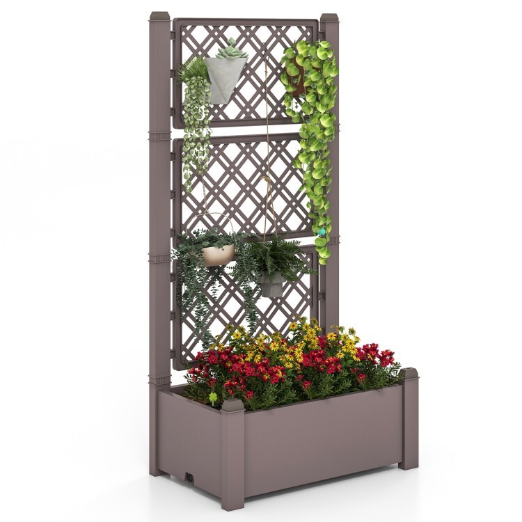 Outdoor Planter Box Self-Watering Raised Garden Bed W/ Water Indicator & Trellis