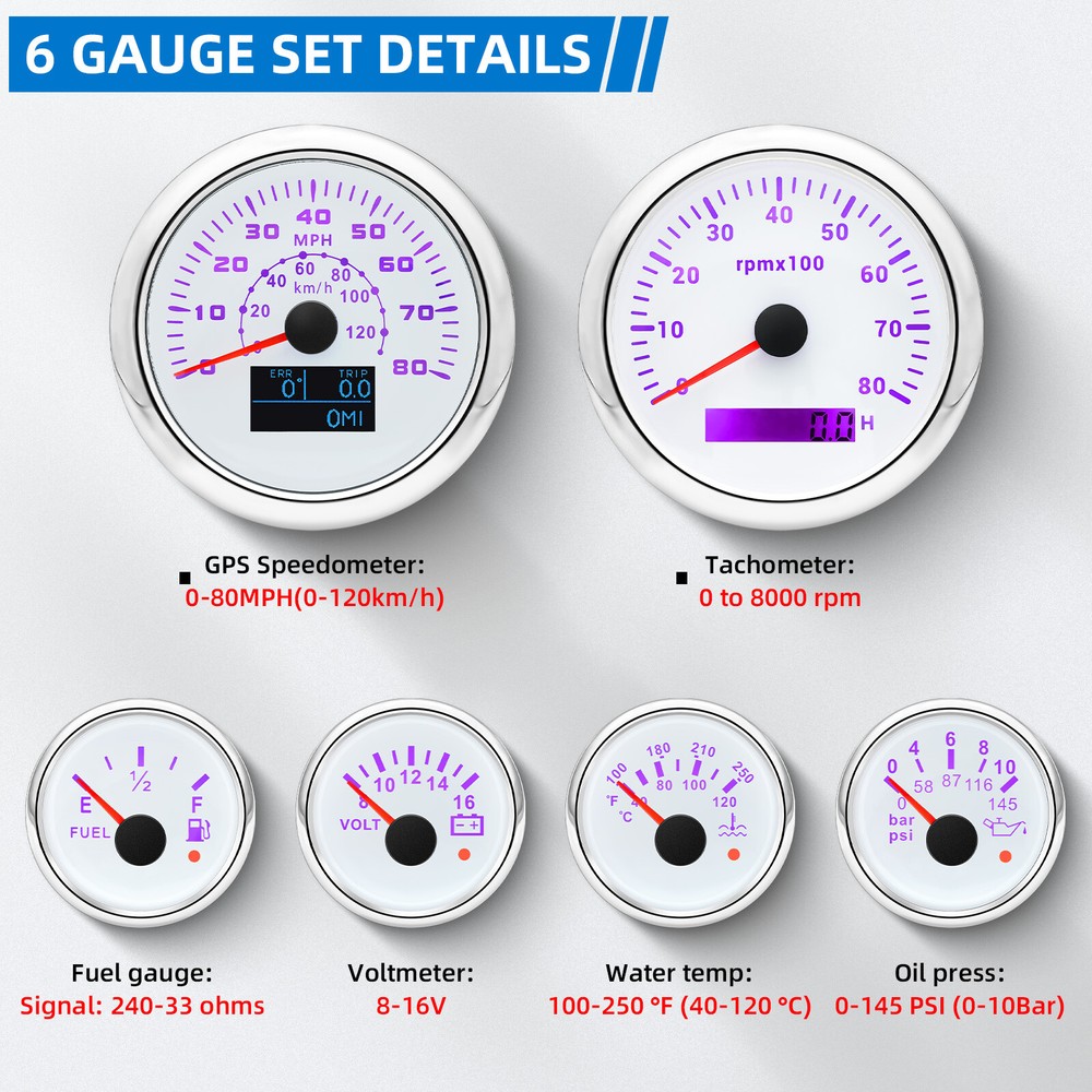 85mm 6-Gauge Set with GPS Speedometer 0-80MPH Tachometer Fuel Oil Temp Volt & Senders  