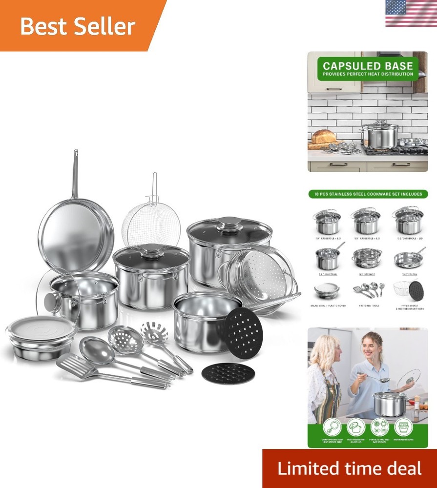 Sleek 18-Piece Kitchen Cookware Set - Includes Utensils & Heat-Resistant Mat