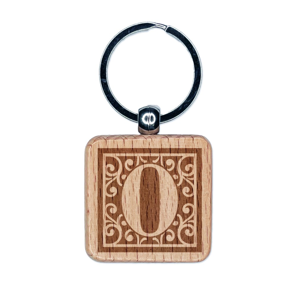 Monogram Swirls Number 0 Zero Engraved Wood Square Keychain Tag Charm