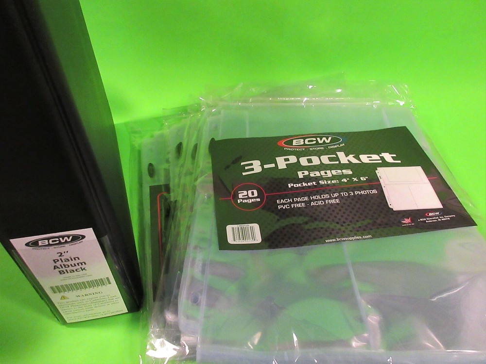 100 3-POCKET 4X6 PHOTO, POSTCARD, OR COVER PAGES W/ FREE ALBUM, ARCHIVAL SAFE