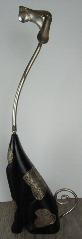 Dog figurine Mixed Media Black Wood Metal Patches 16 Inch Brutalist Maximalist