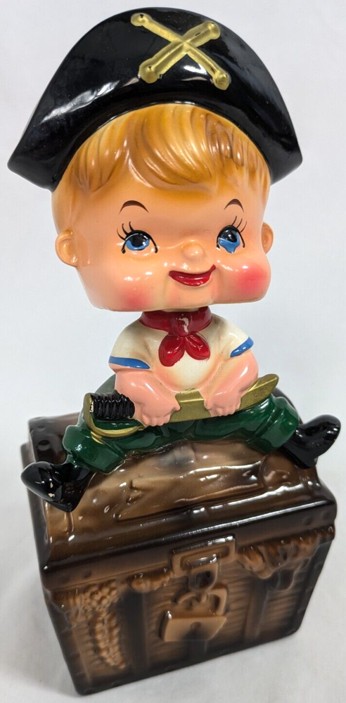 Vintage Bobblehead Trimont Ware Japan BOY PIRATE PIGGY BANK Kid Treasure Chest