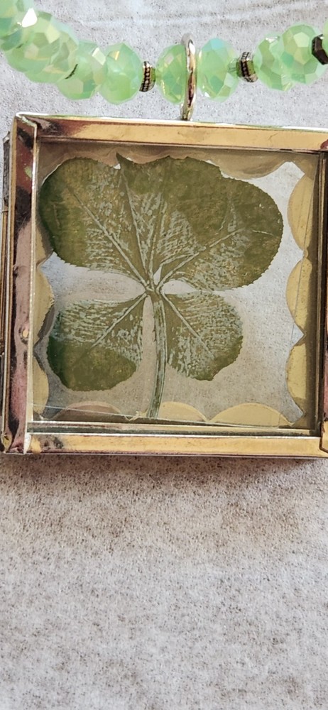 Lucky 5-Leaf Clover Silver Charm Necklace with Green Faceted Bead