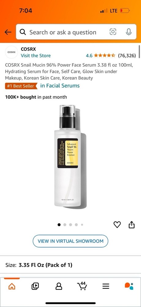 Snail Mucin 96% Hydrating Face Serum 3.38 fl oz 100ml for Dewy Skin