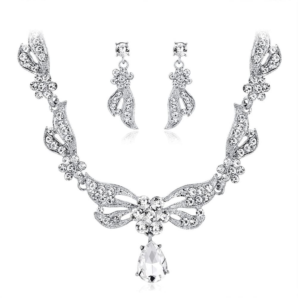 Octwine Bride Crystals Rhinestones Necklace Earrings Set Bridal Wedding Jewel...