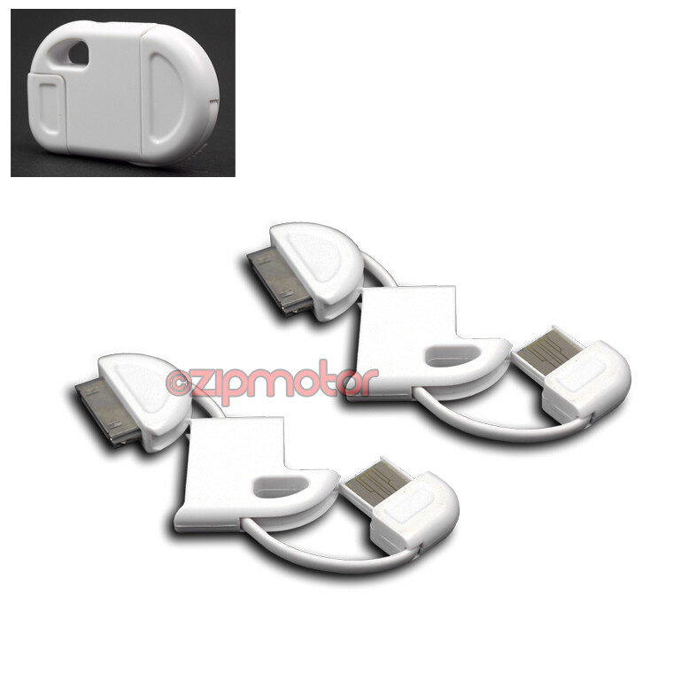 2 30-PIN USB SYNC CHARGER FOLDABLE KEYCHAIN CABLE WHITE IPHONE IPOD CLASSIC IPAD