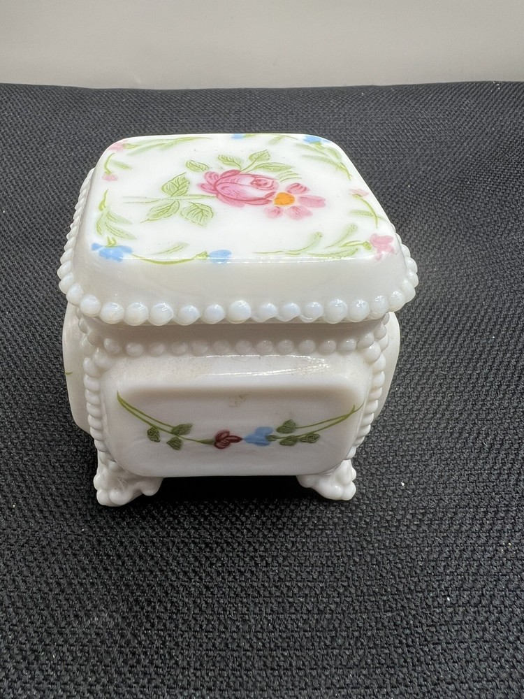 Vintage Westmoreland Milk Glass Hand-Painted Ring Box with Lid  
