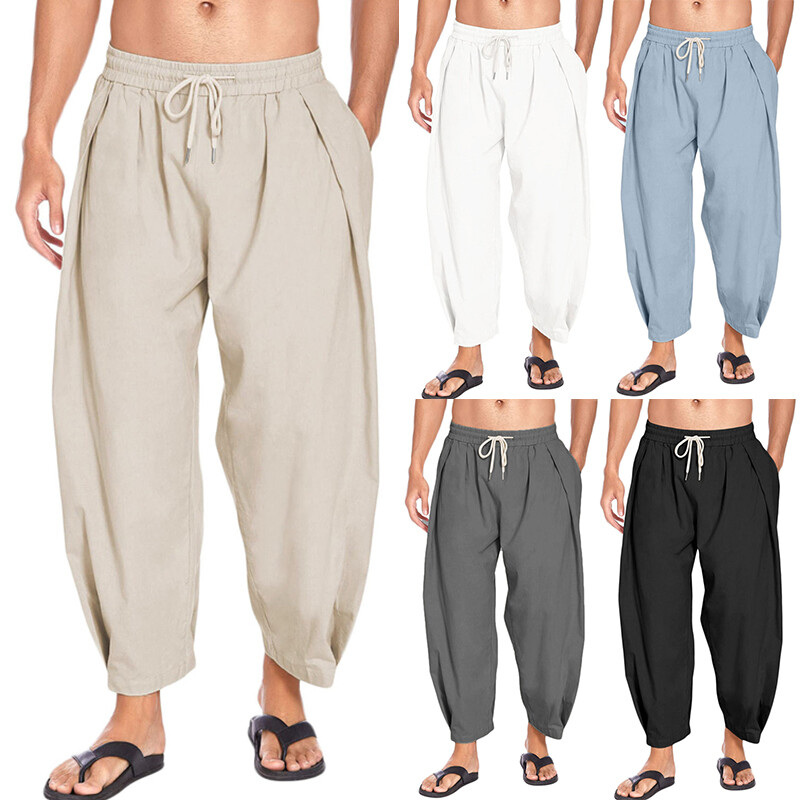 Mens 3/4 Length Cotton Linen Harem Pants Casual Baggy Solid Capri Shorts Bottom