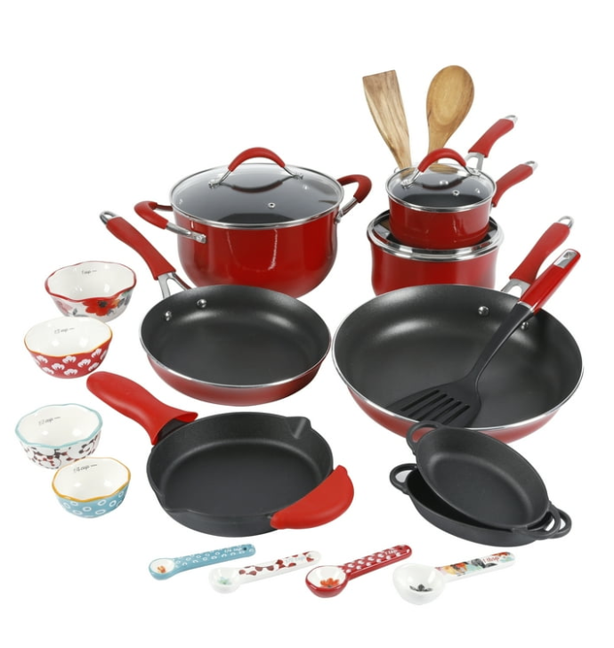 PIONEER WOMAN Frontier Speckle ✨ 24-Piece Aluminum Non-Stick Cookware Set, Red
