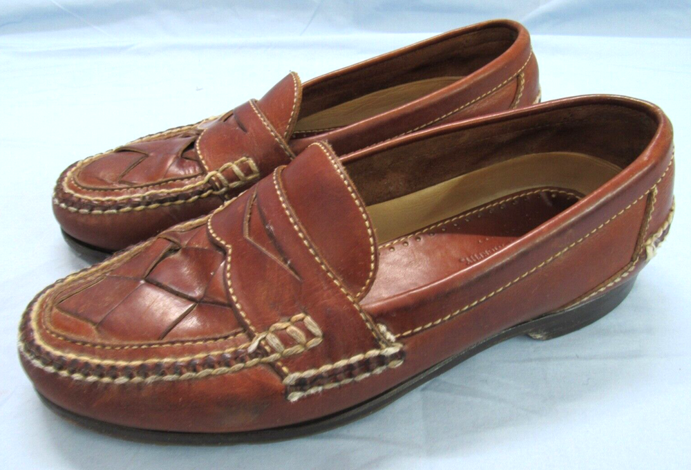 JOHNSTON & MURPHY Passport Penny Loafers in Brown Woven Leather Size 9M Dress Shoes