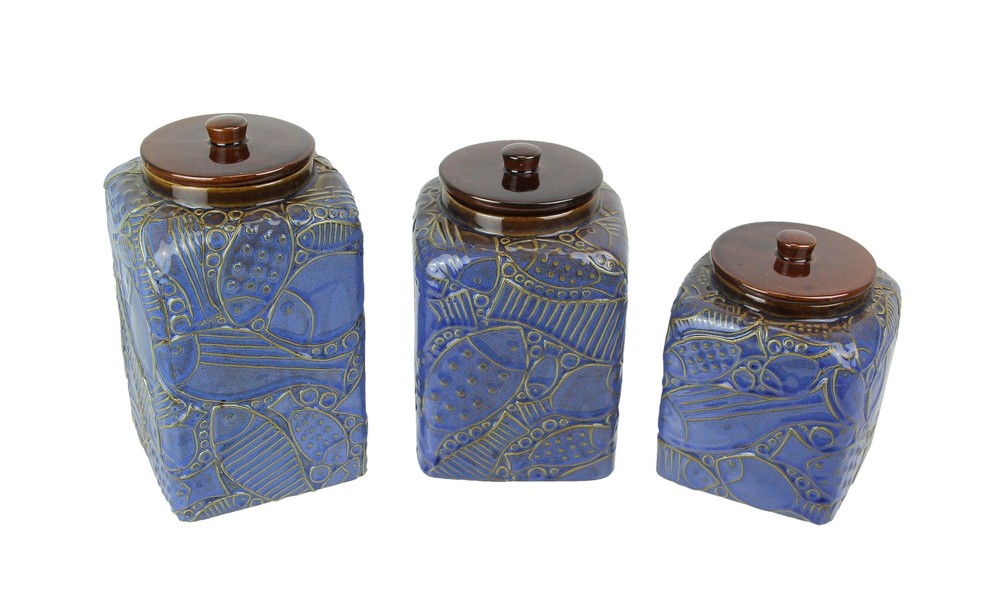 Scratch & Dent Set of 3 Blue Brown Fish Design Ceramic Storage Canisters