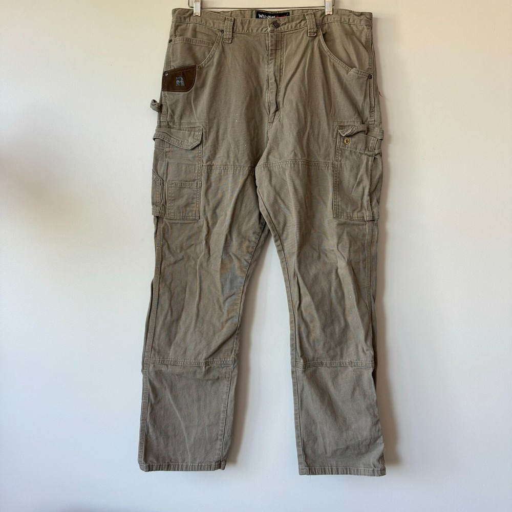 Wrangler Riggs Pants Mens 37x33 Khaki Carpenter Baggy Cargo Canvas Y2K Skater