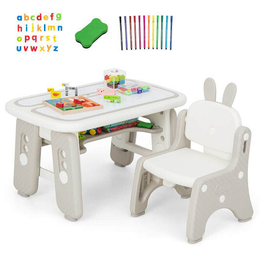 Gray Kids Table and Chair Set with Flip-Top Bookshelf  