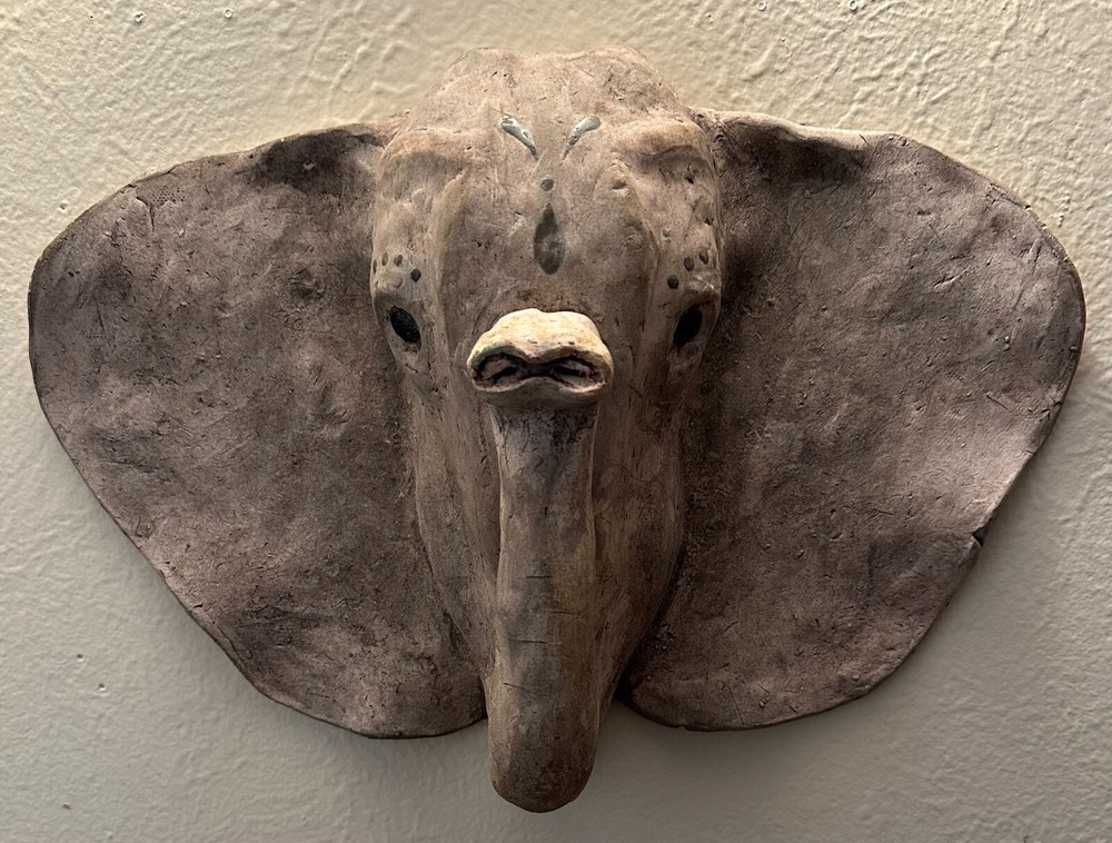 Vintage Realistic Elephant Clay Wall Sculpture 15x10 Inches Lifelike OOAK Art