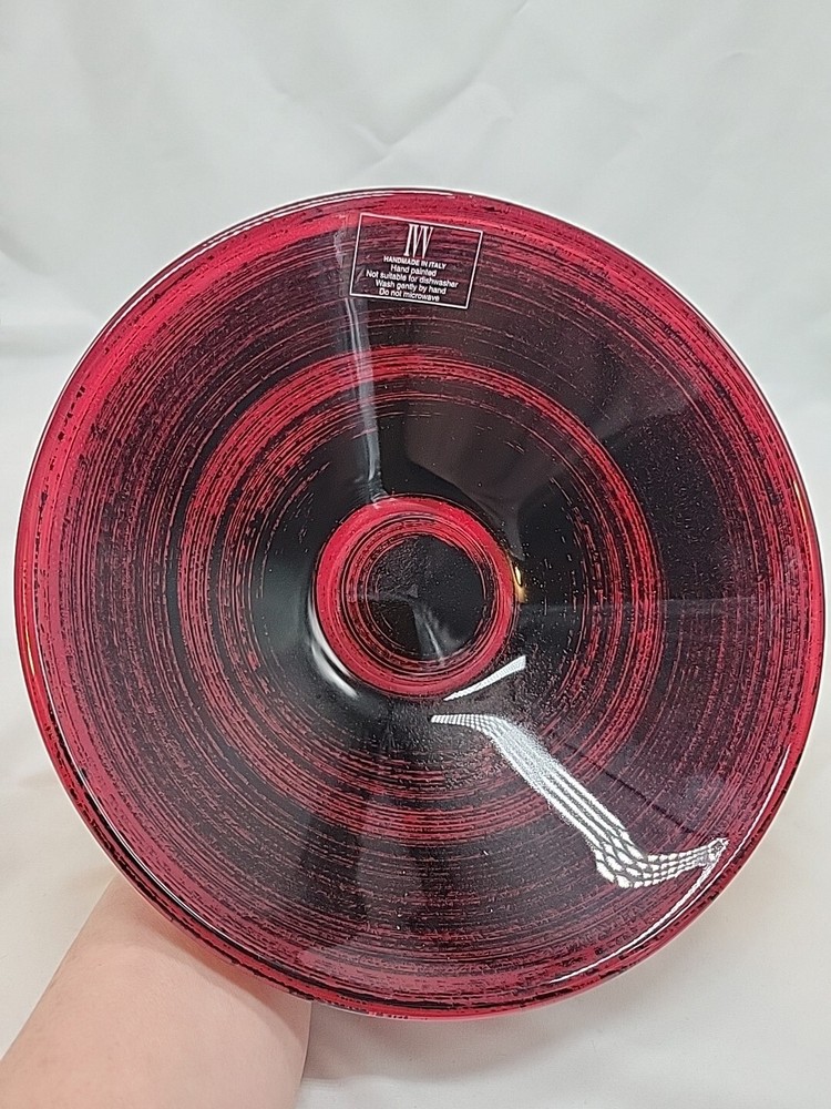 IVV Handmade In Italy Beautiful Red and Black Art Glass Console Dish Fruit Bowl