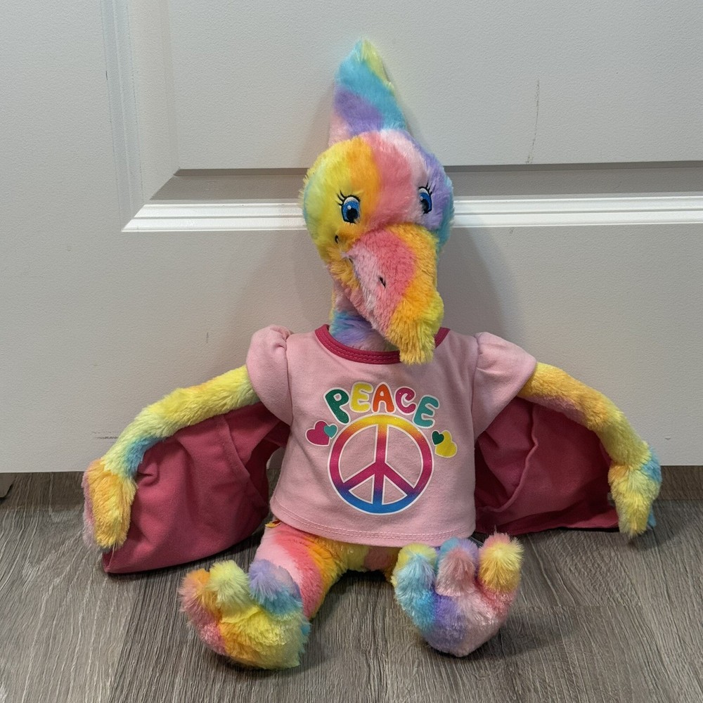 2012 Build A Bear Rainbow Tye Dye Pterodactyl Dinosaur Plush w/ BAB Peace Shirt
