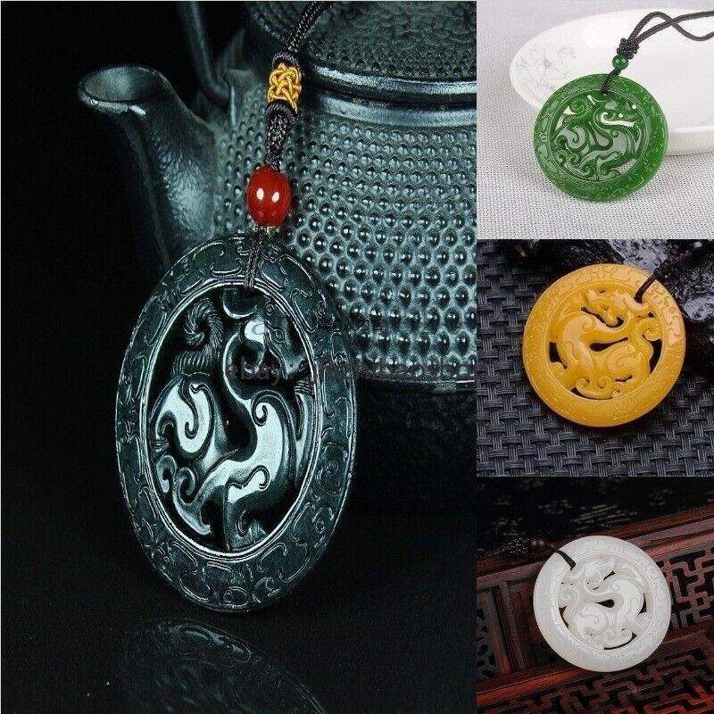 Green White Yellow Jade Pendant Natural Dragon Necklace Lucky Amulet Jewelry