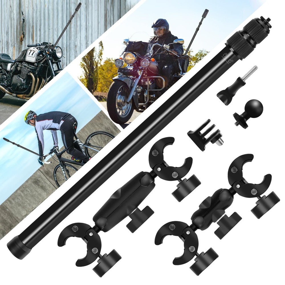Motorcyle Action Mount Kit Double Clamp Mount with 47”Invisible Selfie Stick ...