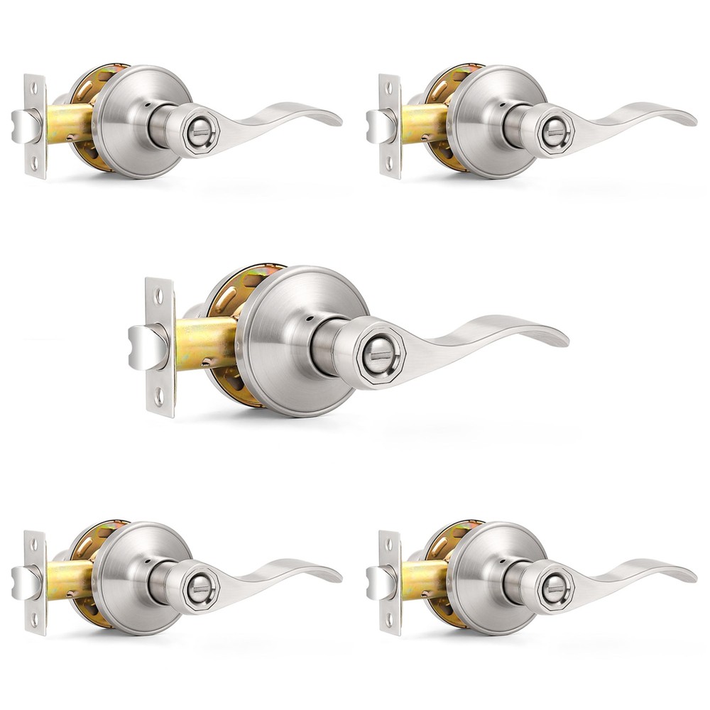 Wave Style Privacy Bed Bath Door Levers in Satin Nickel Finish, Interior Keyl...