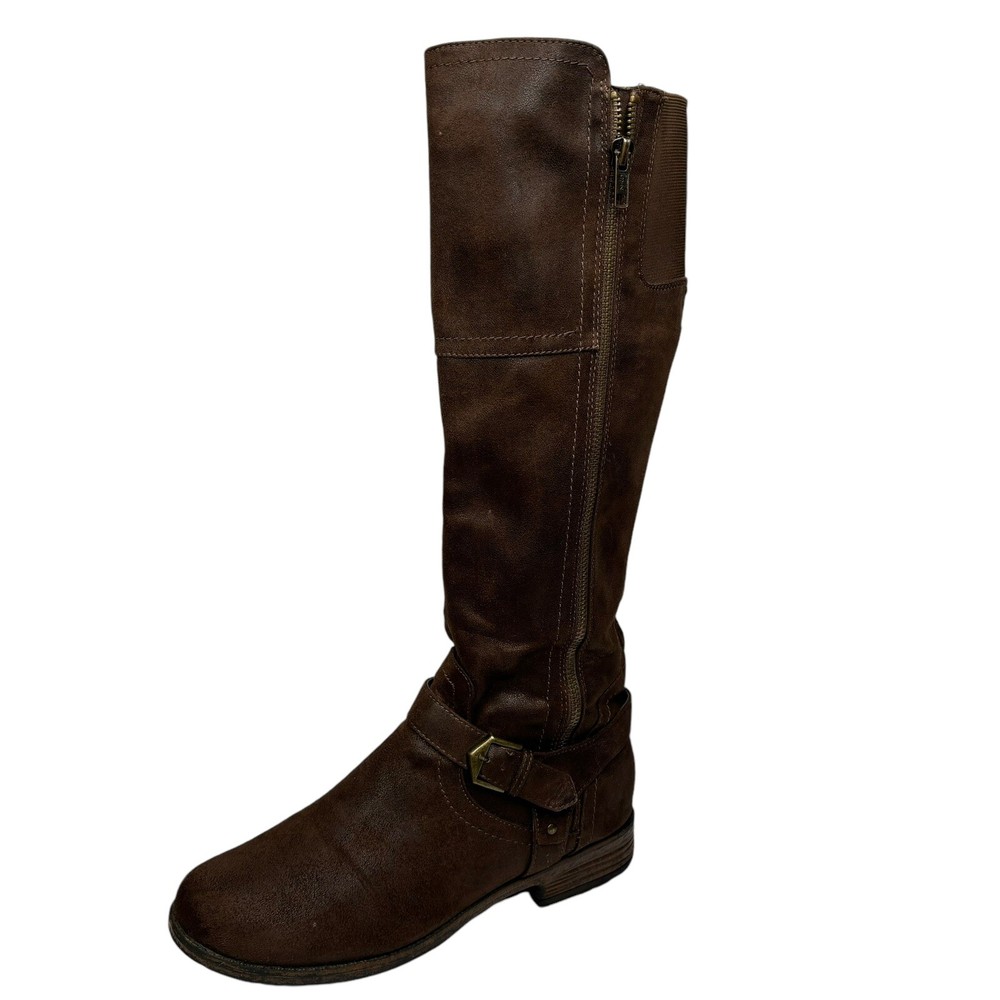 Chocolate Colored Vegan Leather & Fabric Riding Boots Full Side Zipper Size 8.5