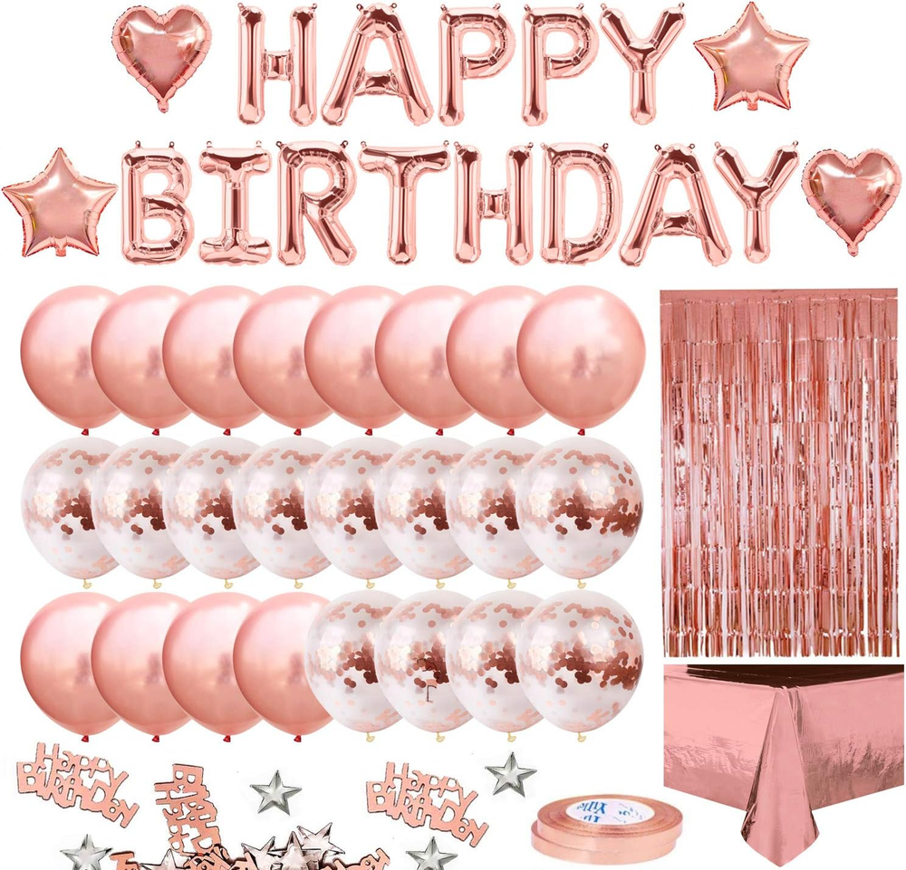 Rose Gold Birthday Party Decoration, Happy Birthday Banner, Rose Gold Fringe Cur