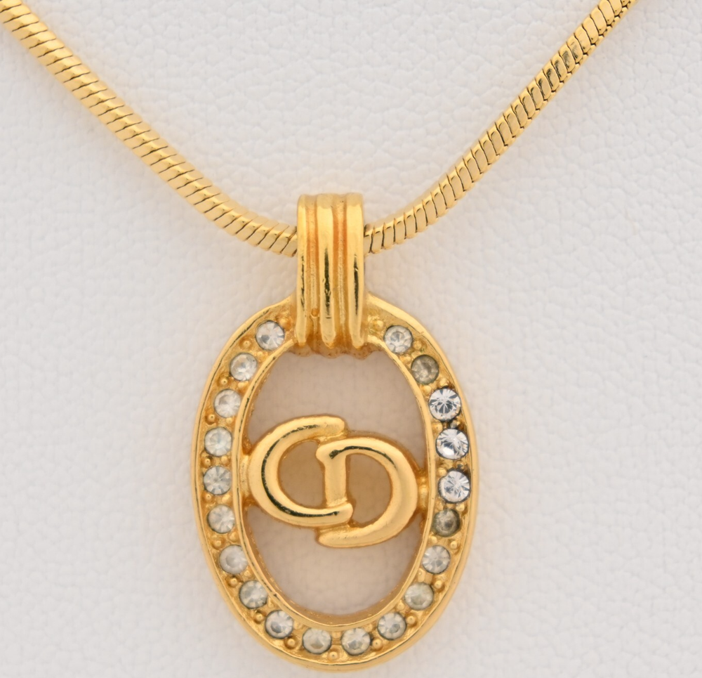 Christian Dior CD logo oval rhinestone necklace 14.5-17 inches di0108ku