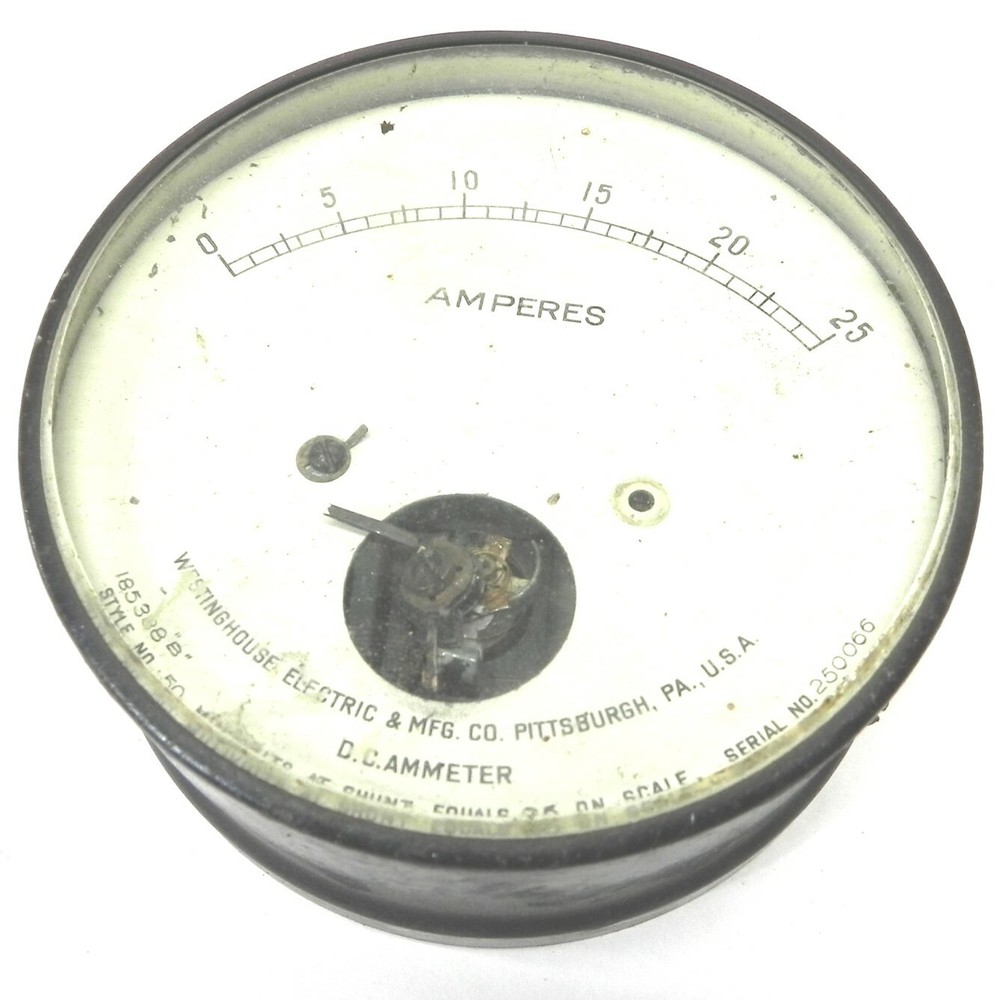 WESTINGHOUSE VINTAGE AMPERES AMP GAUGE FOR PARTS BEZELED GLASS LARGE 4-3/4