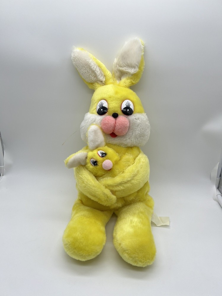 Easter Mommy & Me Bunny Rabbit Plush holding Baby Yellow Vintage 17”