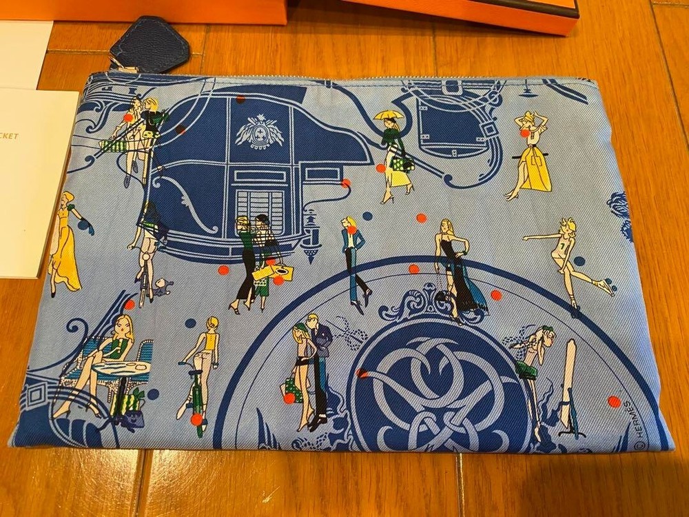 Hermes Silk Blue Cosmetic Pouch with Original Box