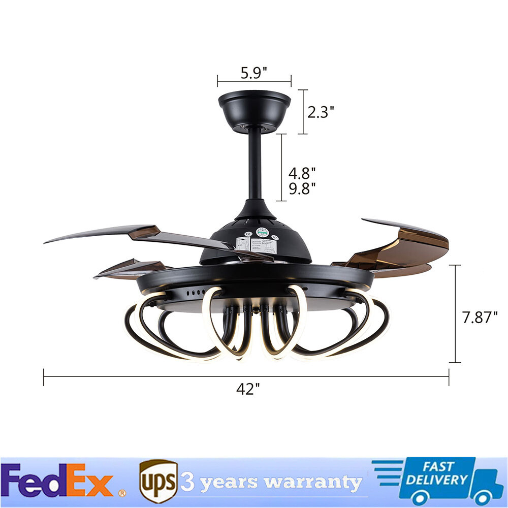 42 Inch Modern Ceiling Fan with Retractable Blades Remote Control 3-Color Light Chandelier  