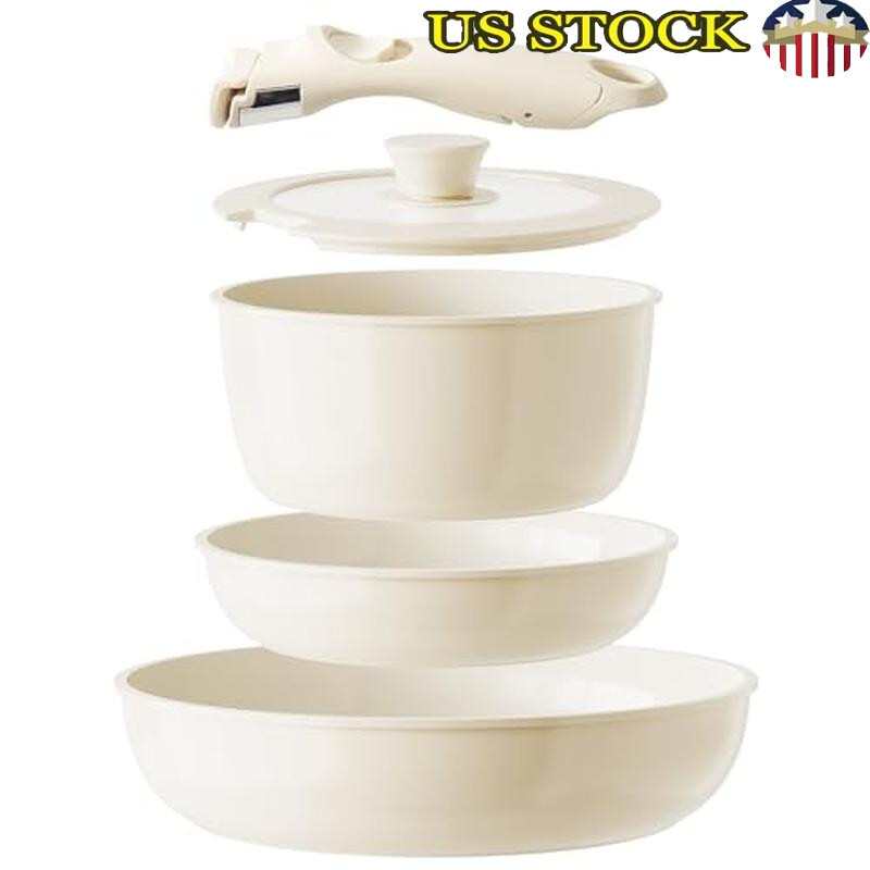 Nonstick Ceramic Cookware Set with Detachable Handle Oven Safe for RV Camping 5-Piece