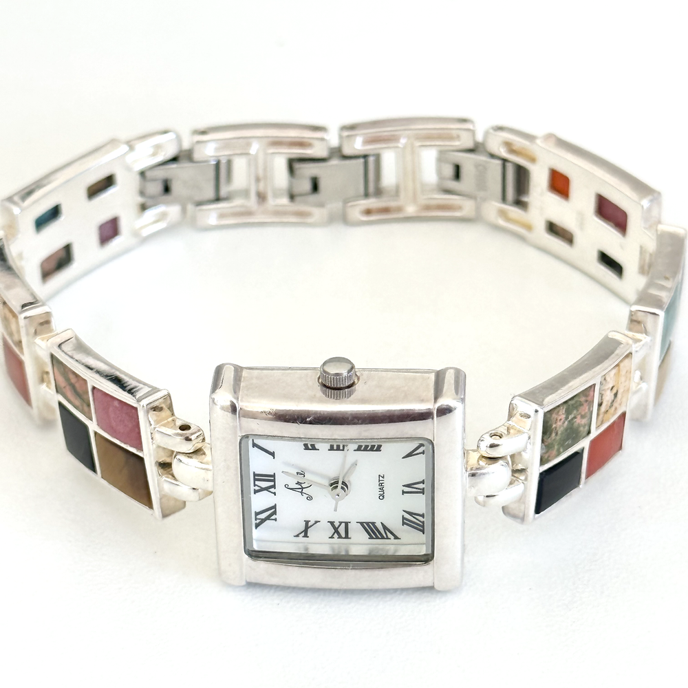 Vintage 925 Sterling Silver Aria Multi Gemstone Watch 7