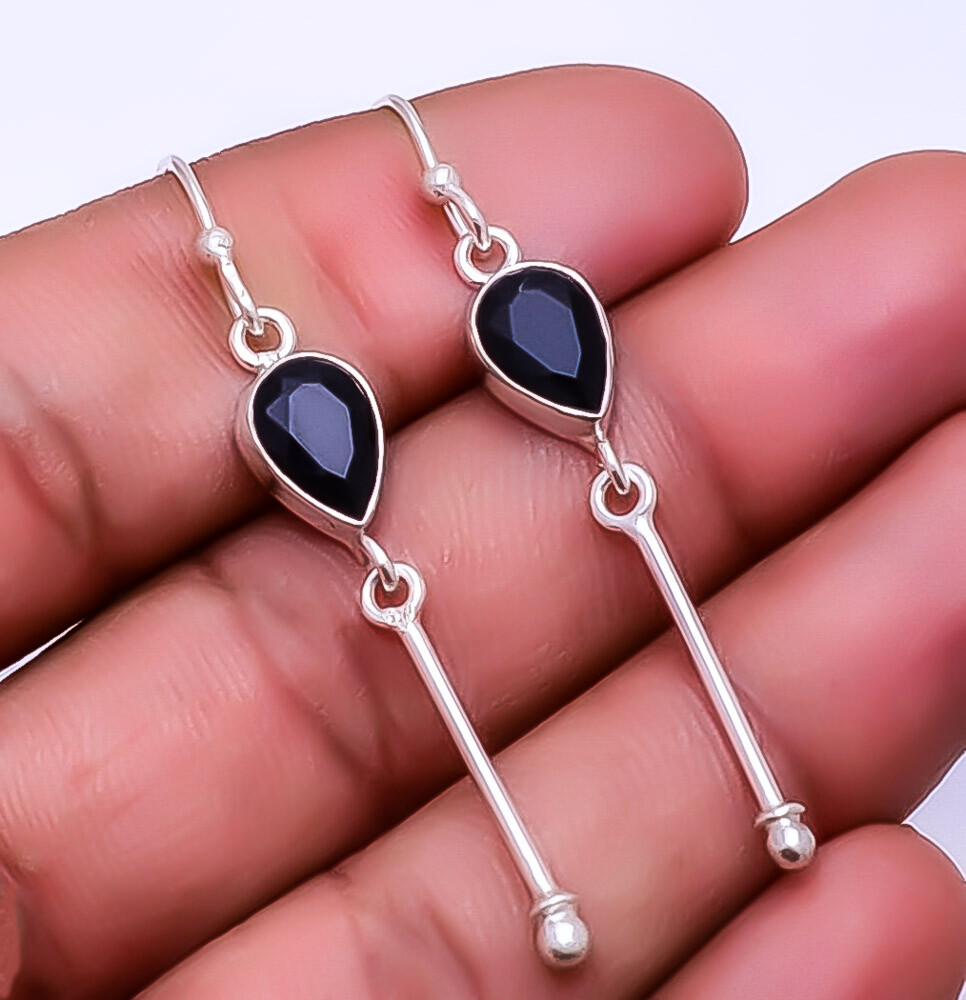 Black Onyx Sterling Silver Bali Dangle Earrings 2.34 Inch Drop