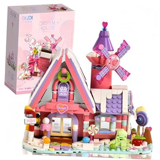 Candy House Building Kit, DIY Pink Dream Houses Toys Set with Rotatable