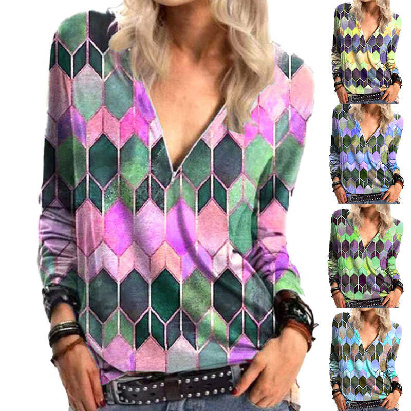 Stylish Geometric Print Long Sleeve Zip-Up Tee for Women