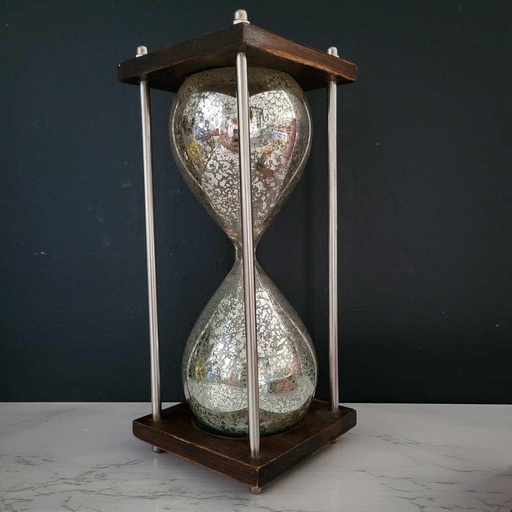 Vintage Sand Hourglass Silver and Glass & Wood, Base, Grey Sand