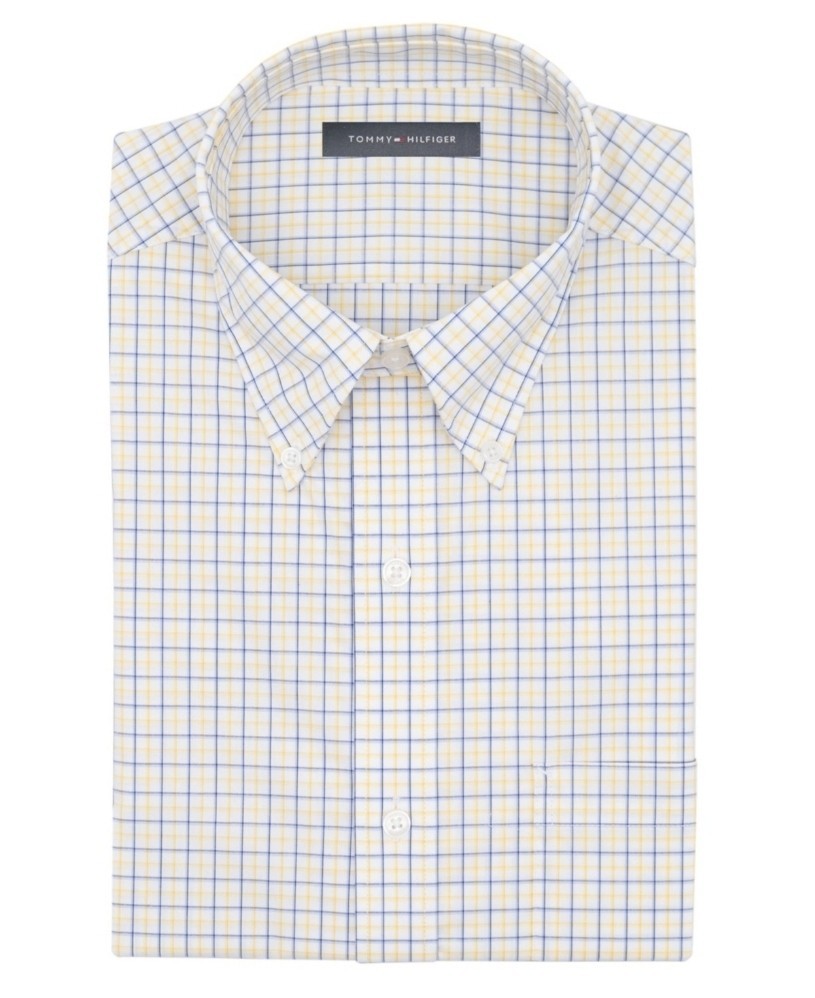 Tommy Hilfiger Men's Regular Fit Yellow Plaid Dress Shirt Medium 17.5 36-37