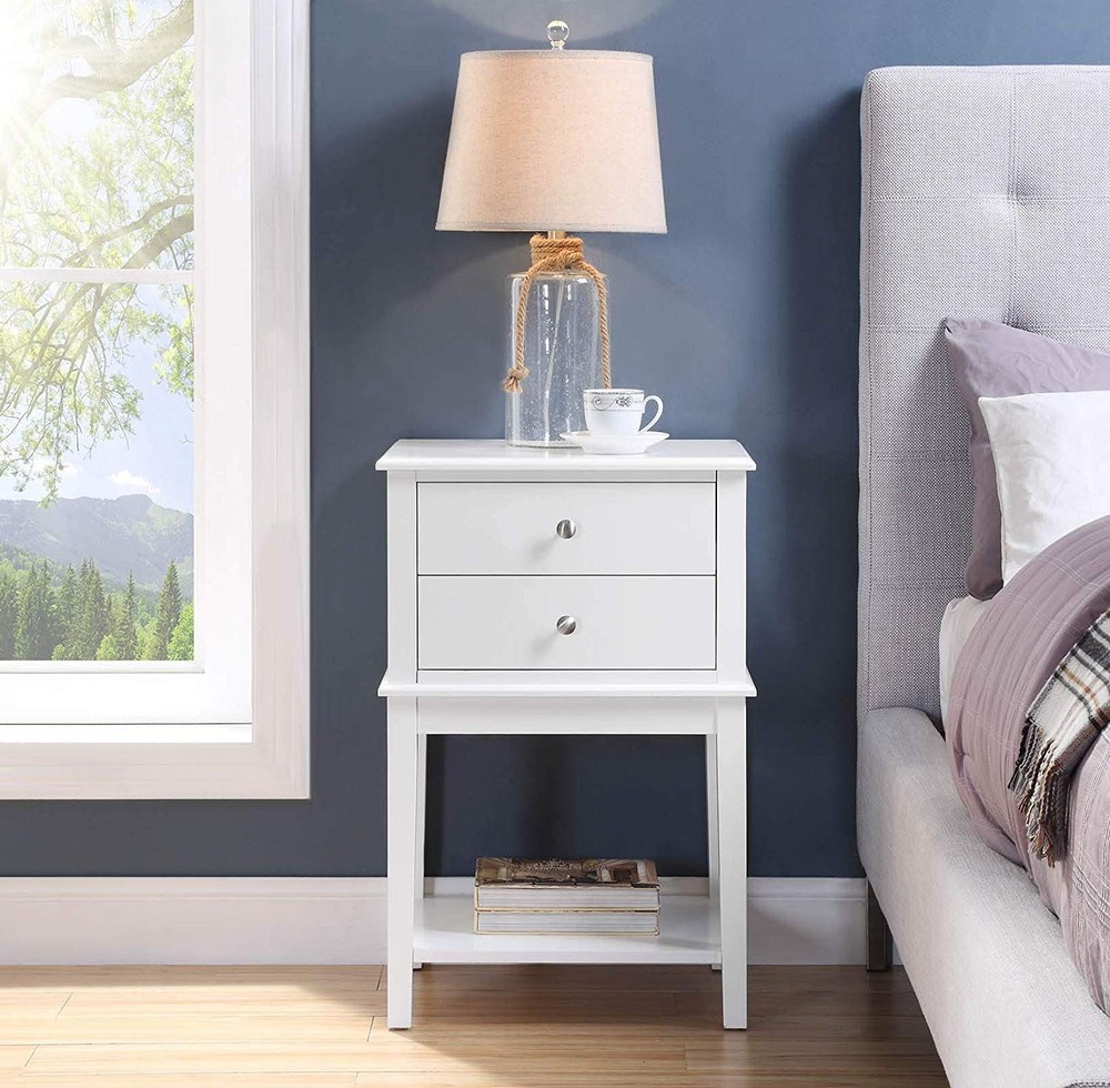 White Nightstand with 2 Drawers 28 Inch Tall Wooden Bedside Table for Bedroom or Living Room