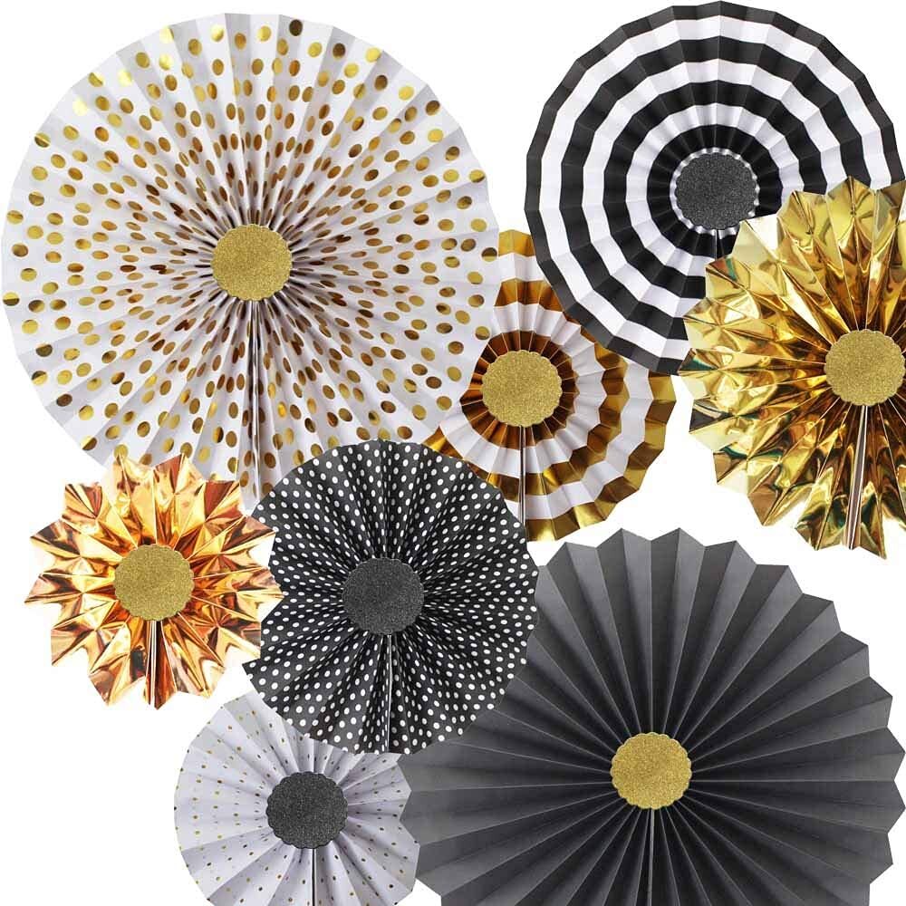 ,Gold Black Paper Fans Flower for Halloween Party Decorations,black2,Set of 8