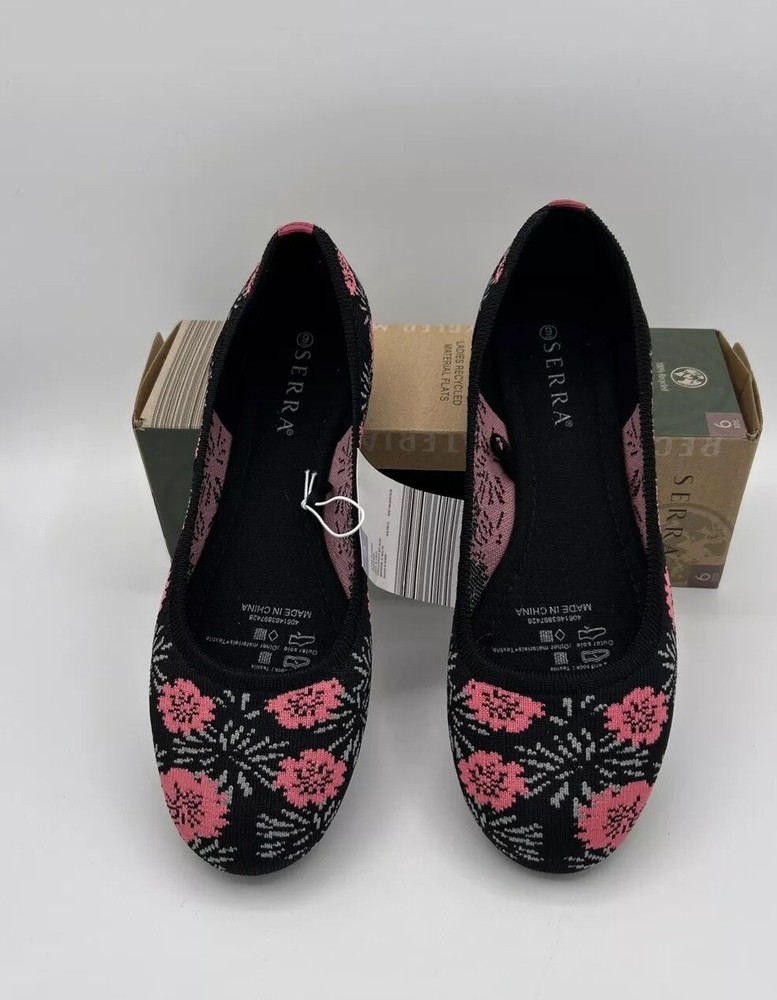 SERRA Womens Flat Floral Black Pink Ballet Shoes 9 Recycled Material NIB
